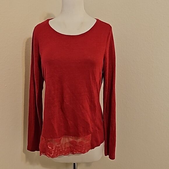 Sundance Linen Lace Top Long Sleeve Size M Floral Womens Red Raspberry - Picture 1 of 6